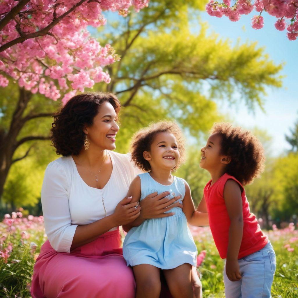 A warm scene featuring diverse mothers sharing joyful moments in a sunlit park, surrounded by blooming flowers and playful children. The mothers are smiling at each other, embodying a sense of community and support, with an inviting atmosphere of laughter and connection. The background includes vibrant trees and a clear blue sky, symbolizing hope and positivity. soft focus. super-realistic. vibrant colors.