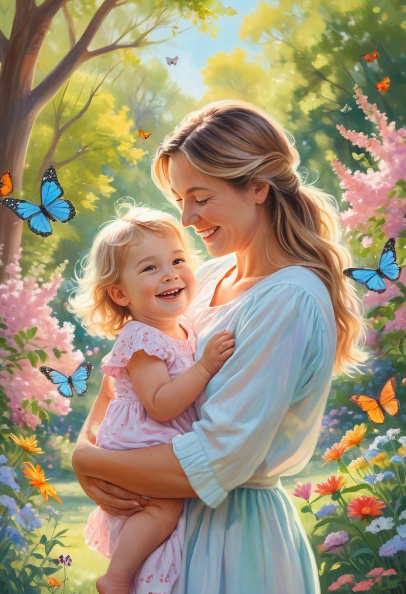 A serene scene of a joyful mother embracing her child in a sunlit park, surrounded by blooming flowers and playful butterflies. The child is laughing, radiating happiness while the mother looks lovingly at her. Include soft pastel colors to evoke warmth and positivity, with a gentle breeze rustling through the trees. Painting style with a focus on emotional connection and serenity.