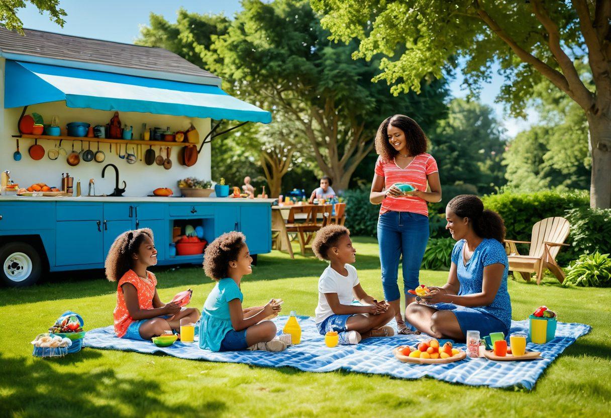 A warm and inviting scene of a diverse family happily engaged in activities together, such as playing in a sunny park or cooking in a cozy kitchen. Add elements like laughter, colorful toys, and a picnic setup to emphasize joy and connection. The background should be filled with lush greenery and a vibrant blue sky to create an uplifting atmosphere. super-realistic. vibrant colors. cheerful mood.